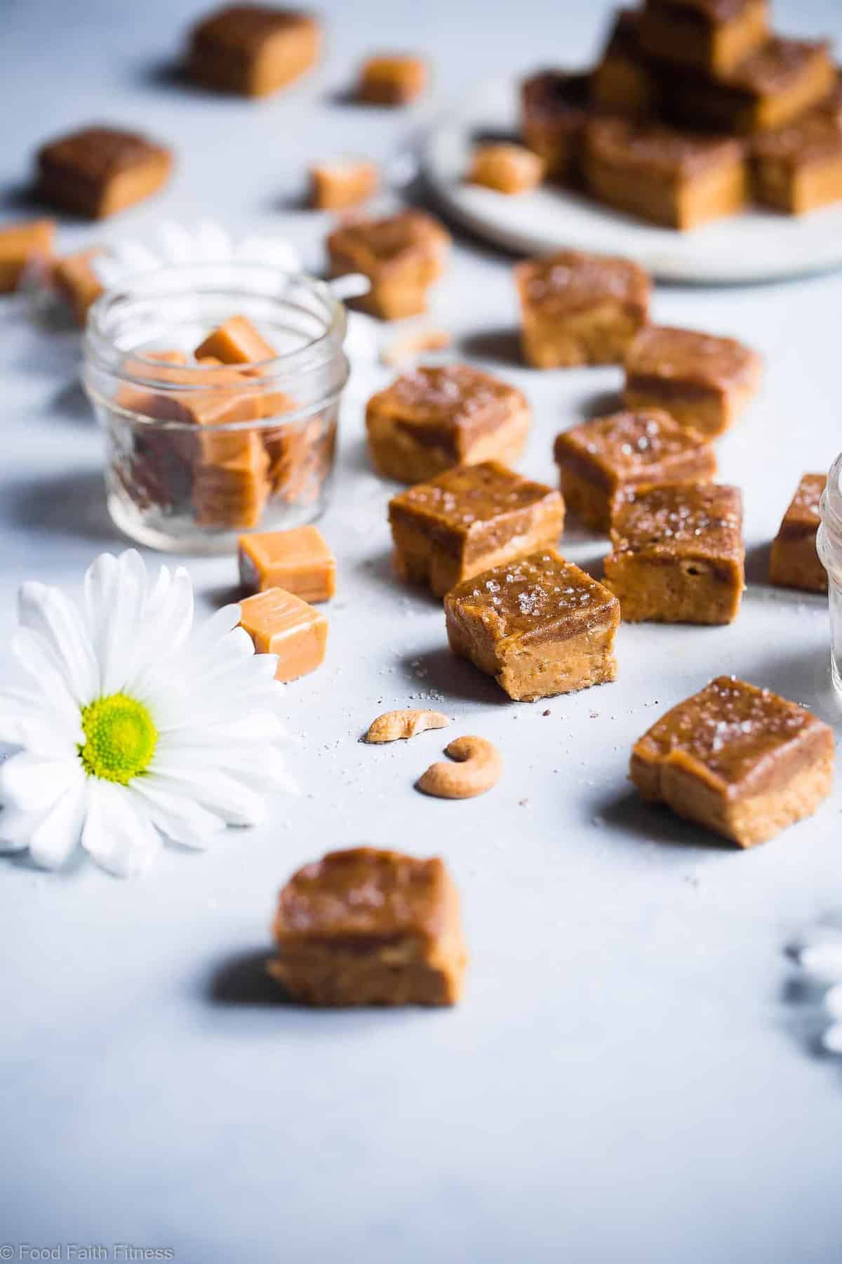 Salted Date Caramel Dairy Free Paleo Fudge Made with Cashews - This easy, CREAMY, sugar free vegan fudge is topped with a salted date caramel and made in the freezer!  No candy thermometer needed! Gluten free, grain free and paleo friendly too! | | #Foodfaithfitness | #Paleo #Vegan #Sugarfree #Glutenfree #Healthy