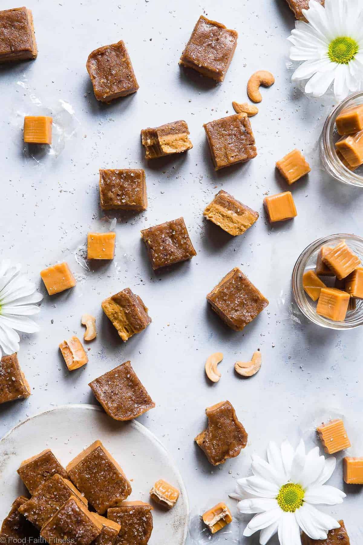 Salted Date Caramel Cashew Freezer Fudge - This easy, CREAMY, sugar free vegan fudge is topped with a salted date caramel and made in the freezer!  No candy thermometer needed! Gluten free, grain free and paleo friendly too! | | #Foodfaithfitness | #Paleo #Vegan #Sugarfree #Glutenfree #Healthy
