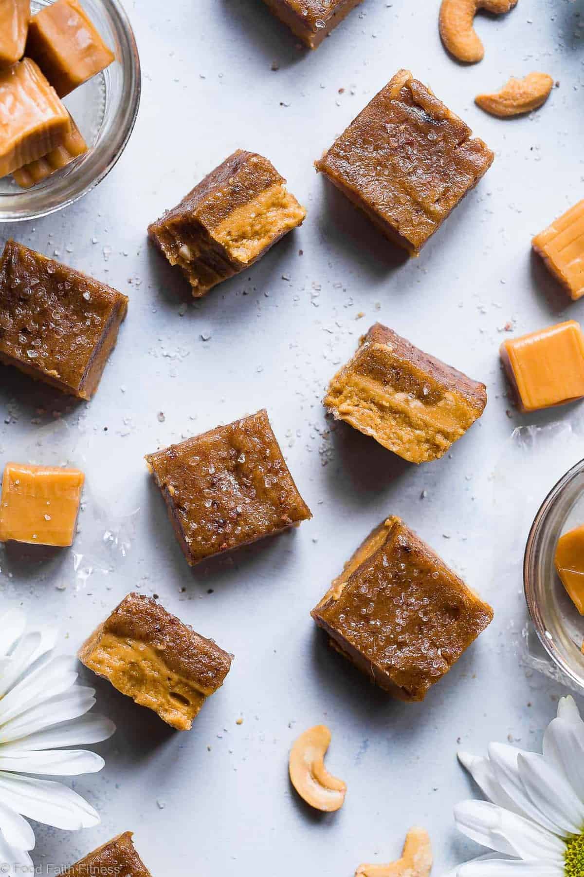 Salted Date Caramel Cashew Freezer Fudge - This easy, CREAMY, sugar free vegan fudge is topped with a salted date caramel and made in the freezer!  No candy thermometer needed! Gluten free, grain free and paleo friendly too! | | #Foodfaithfitness | #Paleo #Vegan #Sugarfree #Glutenfree #Healthy