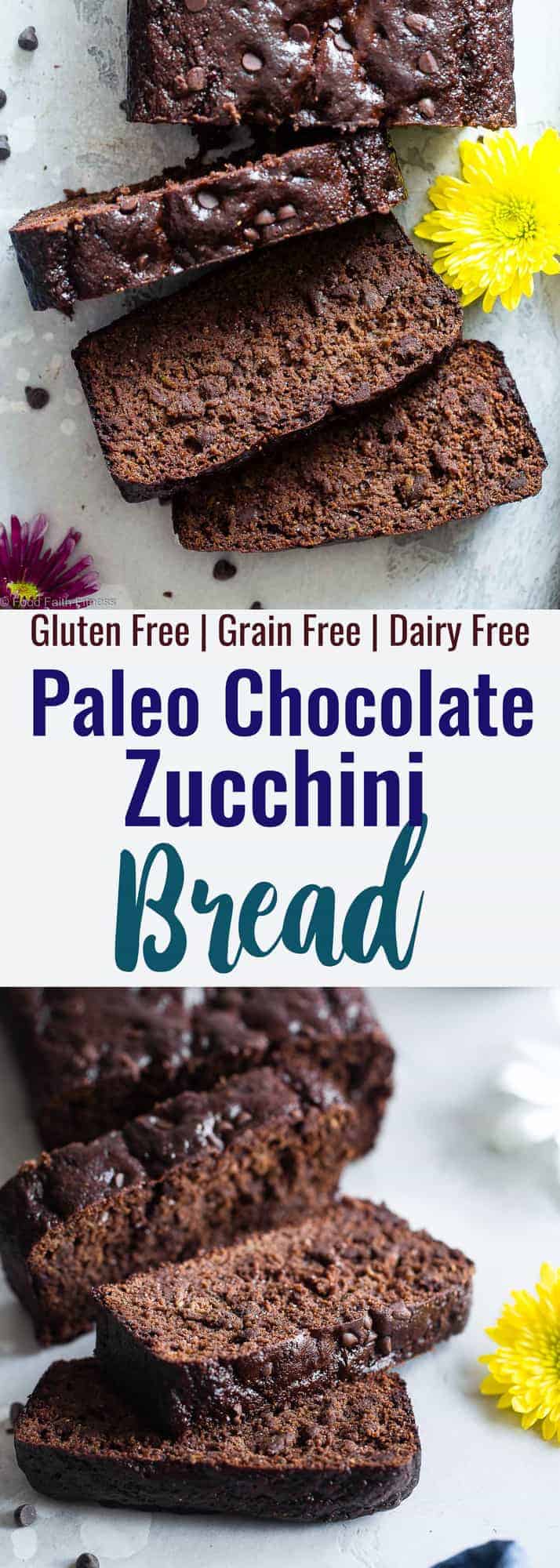 Easy Chocolate Paleo Zucchini Bread - This gluten free, almond flour Chocolate Paleo Zucchini Bread is secretly packed with protein! It's a healthy breakfast or snack that freezes great! | #Foodfaithfitness | #FoodFaithFit | #Paleo #Glutenfree #Collagen #Chocolate #Healthy paleo zucchini bread collage photo