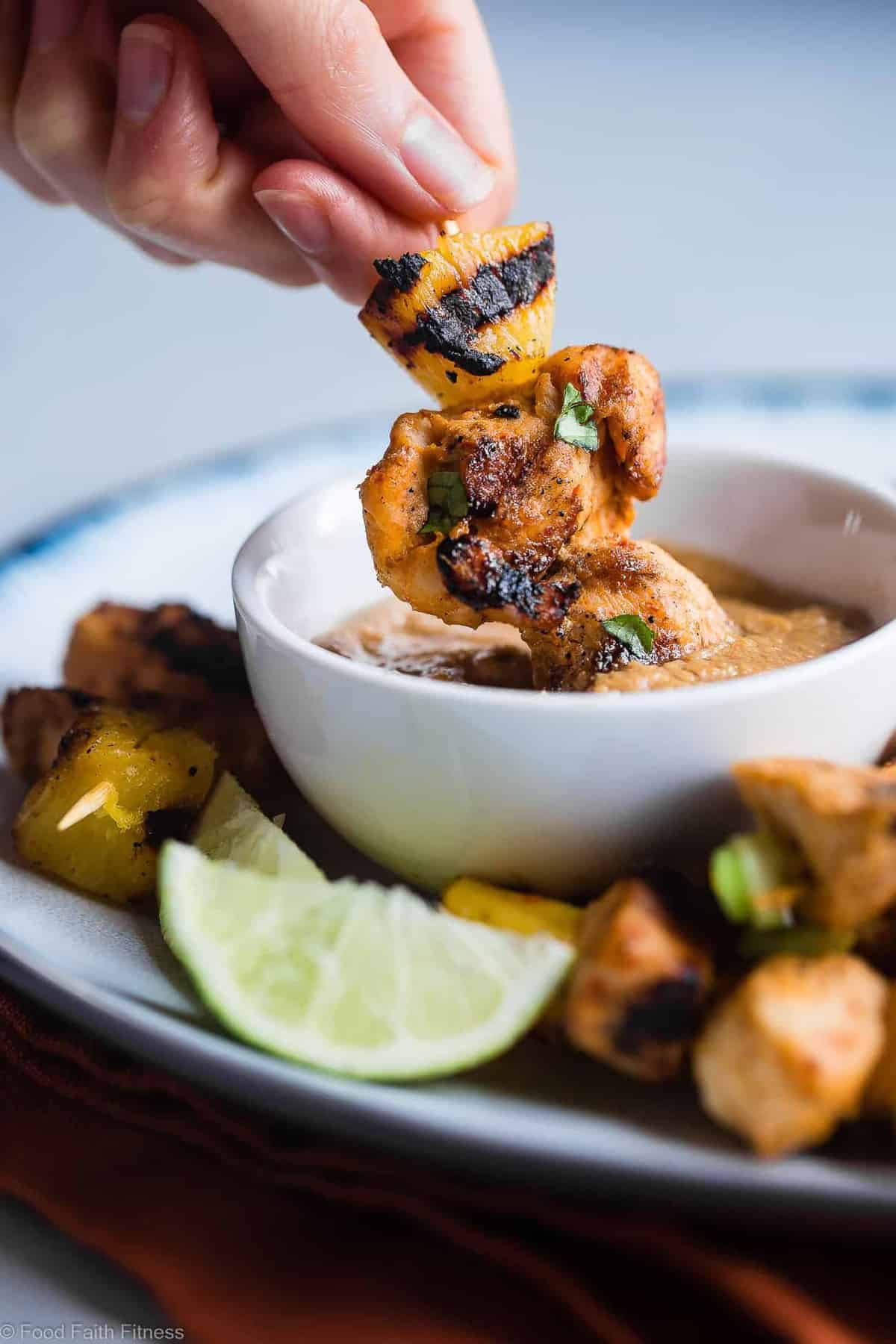 Grilled Pineapple Thai Chicken Skewers with Peanut Sauce - Addictingly spicy, with just a bit of smoky and sweet! The perfect healthy, gluten free dinner for summer with a paleo option! | #Foodfaithfitness | #Glutenfree #Paleo #Healthy #Dairyfree #Chicken