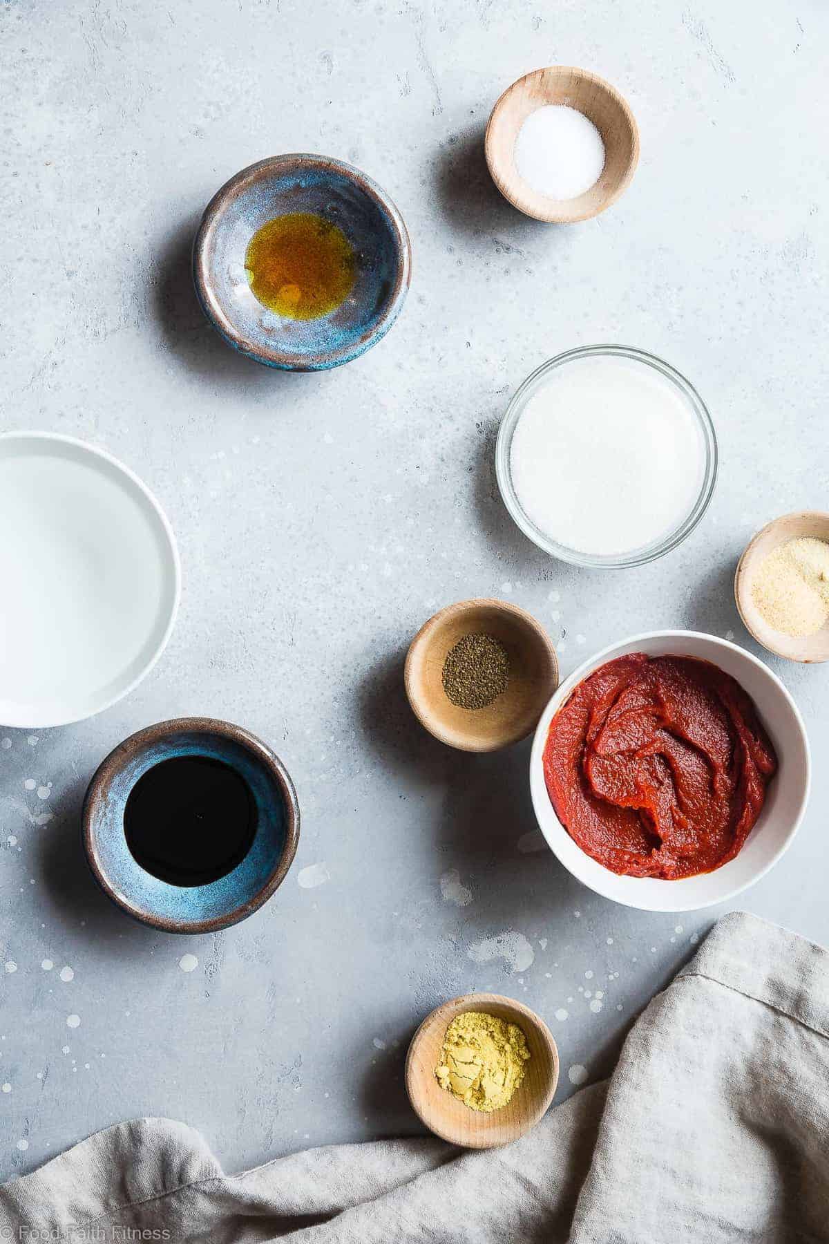 Sugar Free Low Carb BBQ Sauce - A simple, healthy homemade, sugar free BBQ sauce that is going to be your go-to this summer since it's good on so many things and so easy to make! Only 20 calories and 1 Freestyle point per serving! | #Foodfaithfitness | #Glutenfree #Lowcarb #Sugarfree #BBQSauce #Grilling ingredients in small bowls for sugar free bbq sauce