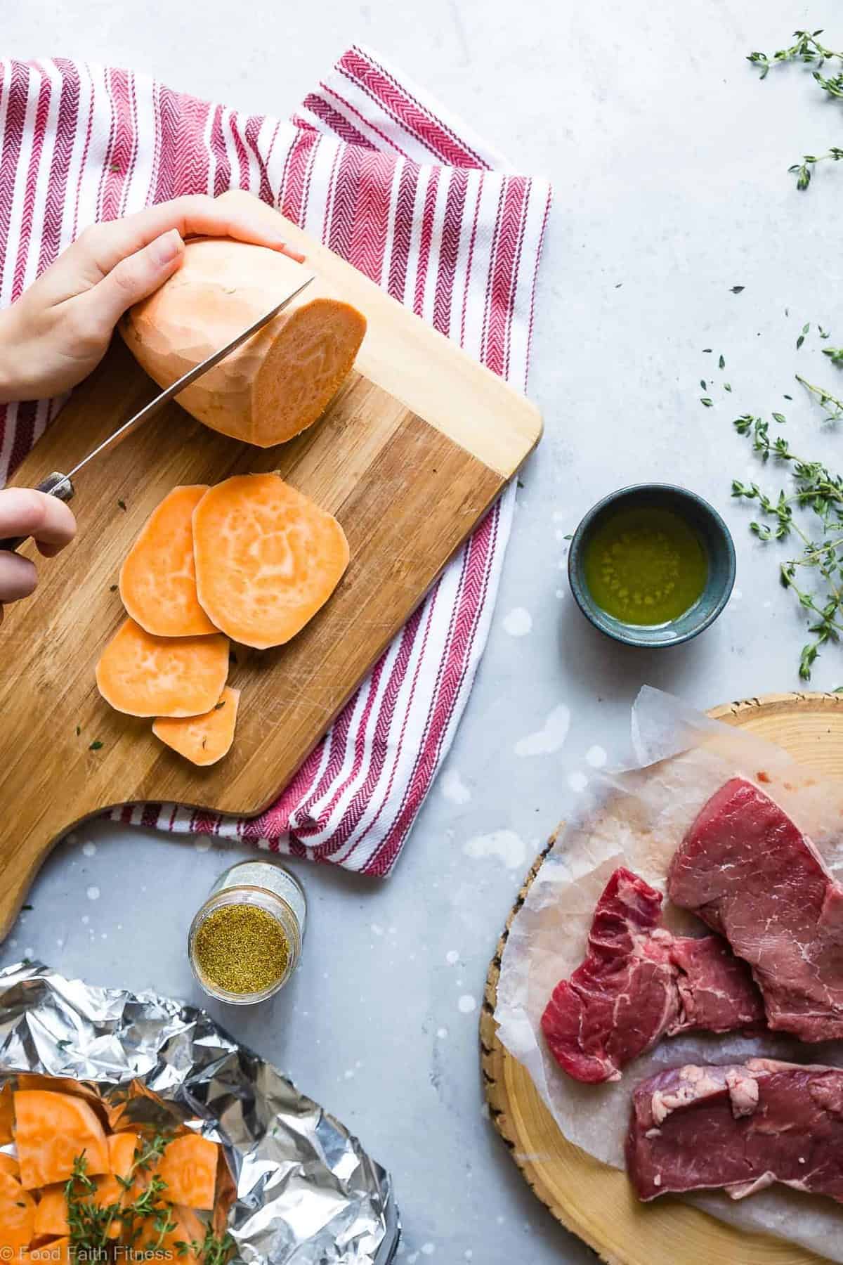 Garlic Steak and Potato Foil Packets - These EASY Steak Foil Packets are an easy, healthy and whole30 approved summer dinner with only 6 ingredients and 300 calories! Sure to please even the pickiest of eaters! | #Foodfaithfitness | #Glutenfree #Paleo #Whole30 #Grilling #Dairyfree