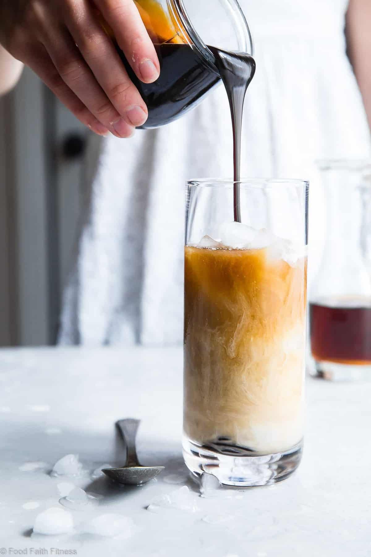 Paleo Homemade Caramel Vanilla Iced Coffee - Tastes WAY better than the coffee shop, is under 200 calories and is SO easy to make! Paleo and vegan friendly and gluten/grain/dairy/refined sugar free too! | #Foodfaithfitness | #Vegan #Paleo #Healthy #Glutenfree #Dairyfree