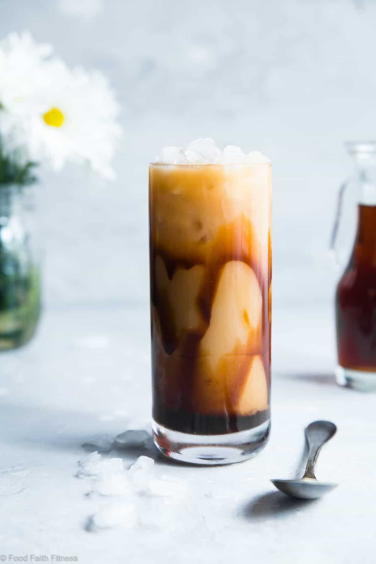 Paleo Homemade Caramel Vanilla Iced Coffee - Tastes WAY better than the coffee shop, is under 200 calories and is SO easy to make! Paleo and vegan friendly and gluten/grain/dairy/refined sugar free too! | #Foodfaithfitness | #Vegan #Paleo #Healthy #Glutenfree #Dairyfree