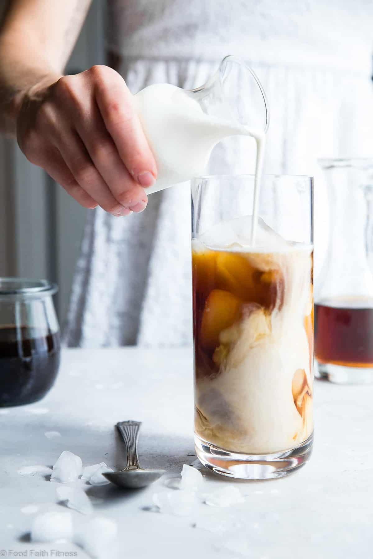 Paleo Homemade Caramel Vanilla Iced Coffee - Tastes WAY better than the coffee shop, is under 200 calories and is SO easy to make! Paleo and vegan friendly and gluten/grain/dairy/refined sugar free too! | #Foodfaithfitness | #Vegan #Paleo #Healthy #Glutenfree #Dairyfree