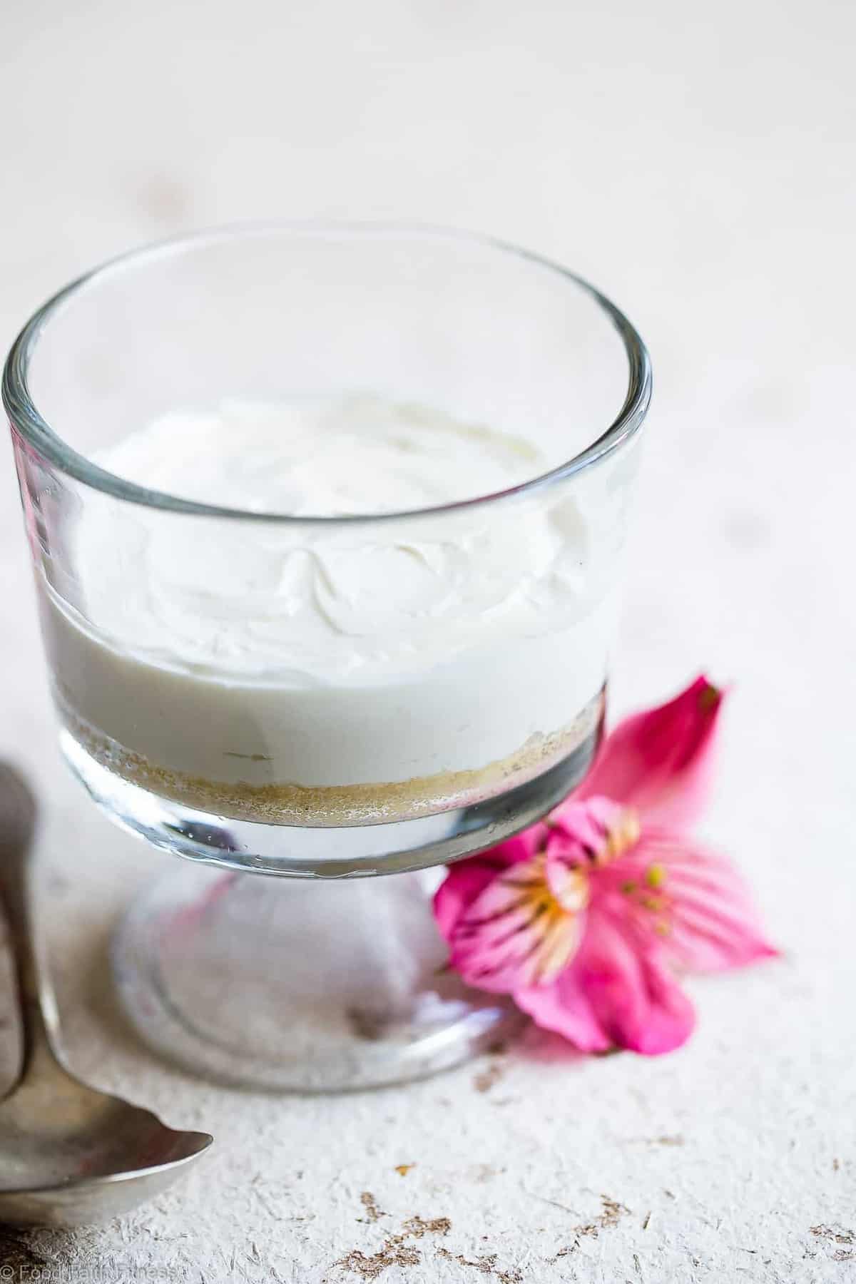 Easy Sugar Free No Bake Keto Cheesecake For One - Only 5 ingredients and gluten/grain/sugar free, low carb, keto friendly and protein PACKED! The BEST way to get your healthy dessert fix because you don't have to share! | #Foodfaithfitness | #Glutenfree #Keto #Lowcarb #Sugarfree #Cheesecake
