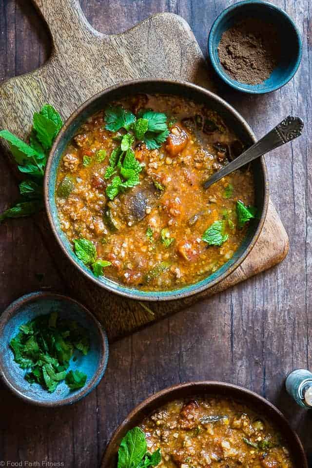 Moroccan Instant Pot Hearty Vegetable Beef Soup - A quick and easy, COZY, 30 minute dinner with a taste of the Middle East! Gluten free, low carb, paleo/whole30 compliant and so filling for only 220 calories!| #Foodfaithfitness | #Glutenfree #Paleo #Whole30 #Lowcarb #Instantpot
