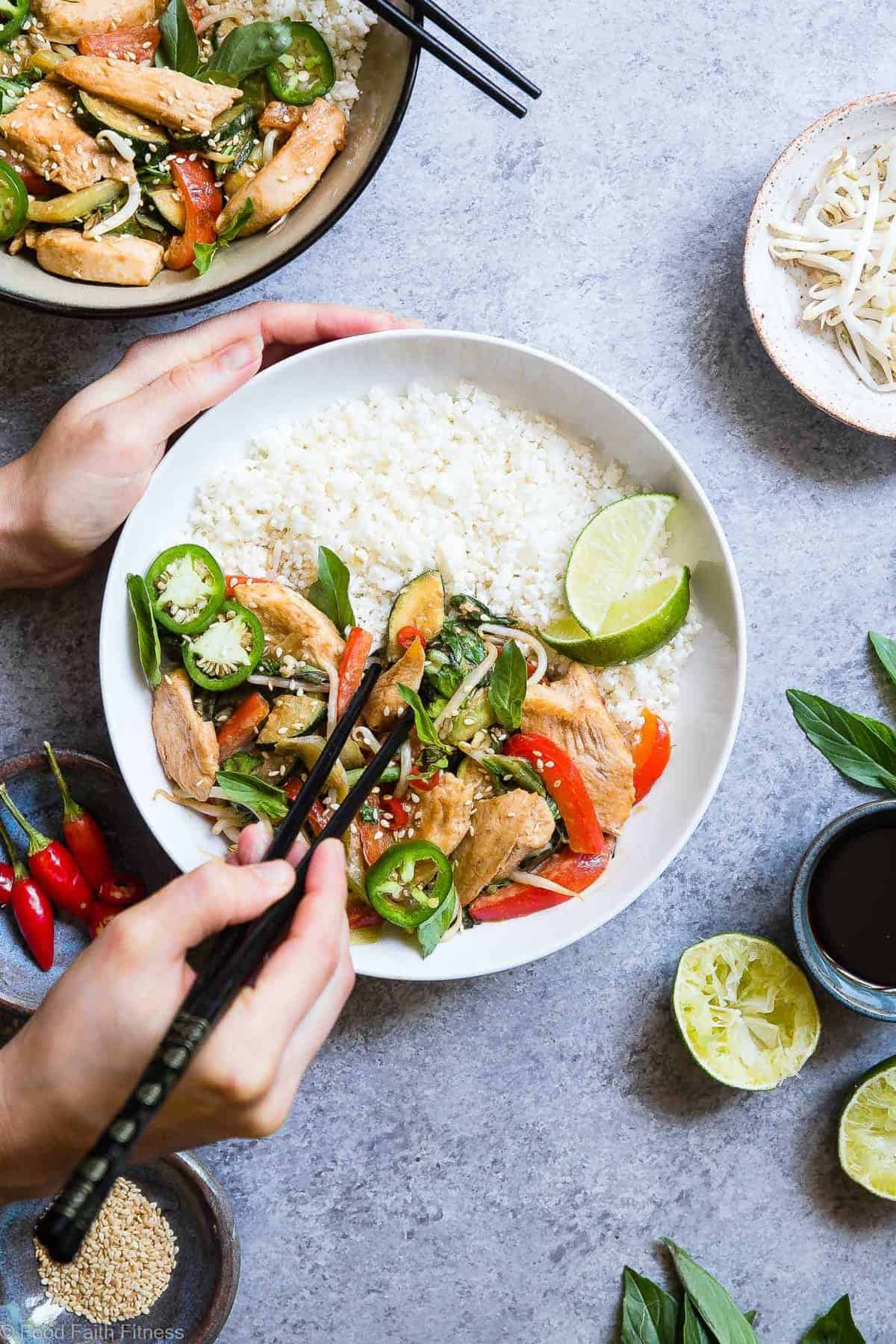 Spicy Thai Basil Chicken Stir Fry - A 20 minute, healthy, gluten free dinner that is paleo friendly, lower carb and only 300 calories! It will be your new go to weeknight meal! | #Foodfaithfitness | #Glutenfree #Paleo #Lowcarb #Healthy #DairyFree Spicy Thai Basil Chicken Stir Fry - This Thai chicken with basil stir fry is a 20 minute, healthy, gluten free dinner that is paleo friendly, lower carb and only 300 calories! It will be your new go to weeknight meal! | #Foodfaithfitness | #Glutenfree #Paleo #Lowcarb #Healthy #DairyFree