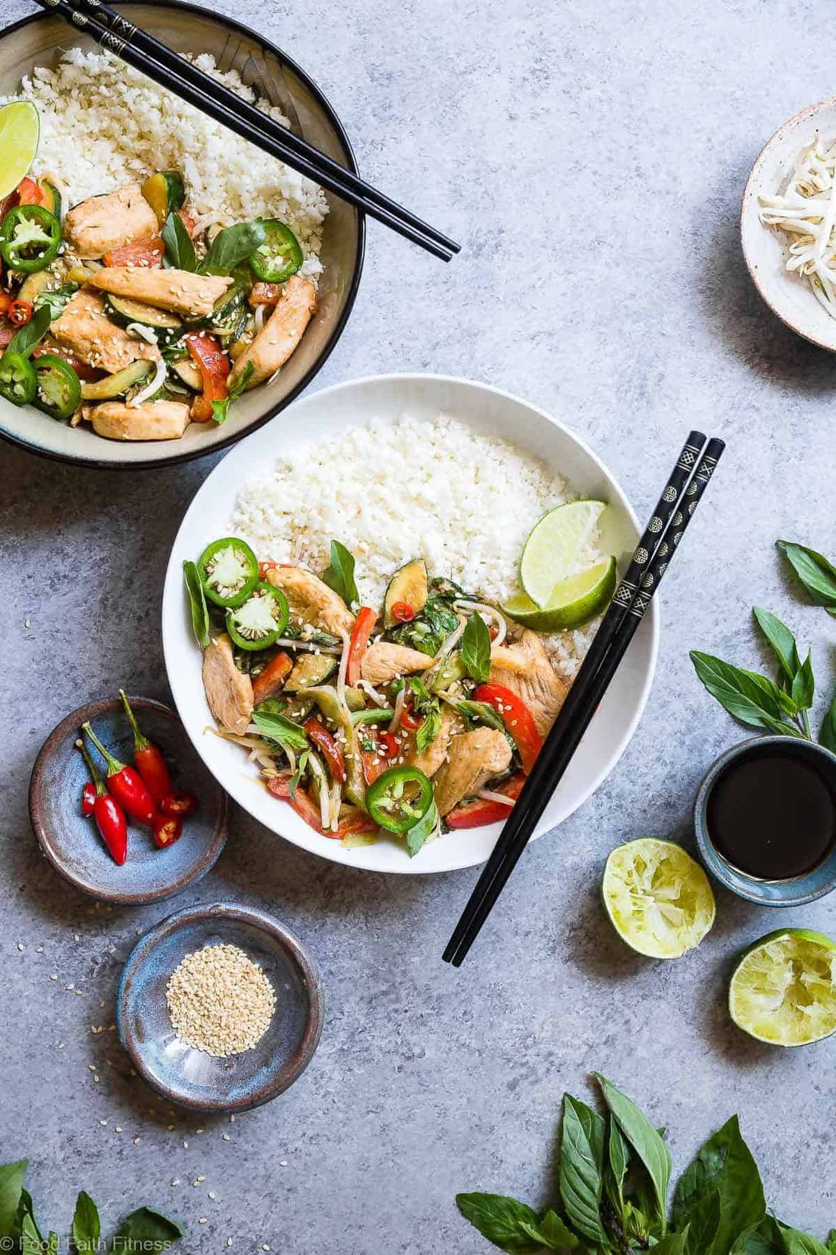 Spicy Thai Basil Chicken Stir Fry - A 20 minute, healthy, gluten free dinner that is paleo friendly, lower carb and only 300 calories! It will be your new go to weeknight meal! | #Foodfaithfitness | #Glutenfree #Paleo #Lowcarb #Healthy #DairyFree Spicy Thai Basil Chicken Stir Fry - A 20 minute, healthy, gluten free dinner that is paleo friendly, lower carb and only 300 calories! It will be your new go to weeknight meal! | #Foodfaithfitness | #Glutenfree #Paleo #Lowcarb #Healthy #DairyFree