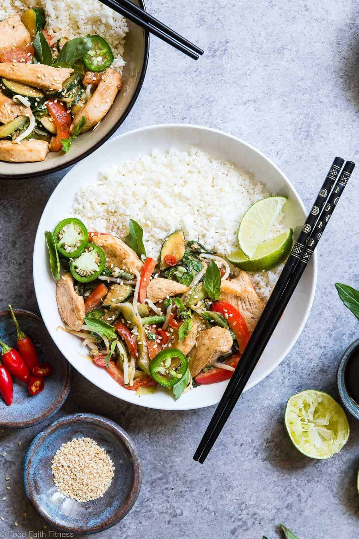Spicy Thai Basil Chicken Stir Fry - A 20 minute, healthy, gluten free dinner that is paleo friendly, lower carb and only 300 calories! It will be your new go to weeknight meal! | #Foodfaithfitness | #Glutenfree #Paleo #Lowcarb #Healthy #DairyFree Spicy Thai Basil Chicken Stir Fry - A 20 minute, healthy, gluten free dinner that is paleo friendly, lower carb and only 300 calories! It will be your new go to weeknight meal! | #Foodfaithfitness | #Glutenfree #Paleo #Lowcarb #Healthy #DairyFree