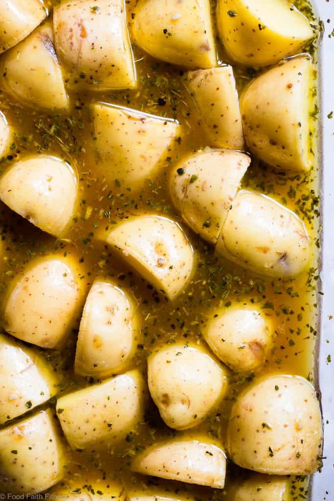 Oven Roasted Lemony Greek Potatoes - These are the BEST Oven Roasted Lemon Greek Potatoes! Tangy, zesty and so packed with flavor you will make them all the time! SO easy, whole30 complaint and vegan/ gluten free too! | #Foodfaithfitness | #Glutenfree #Vegan #Whole30 #Healthy #Dairyfree