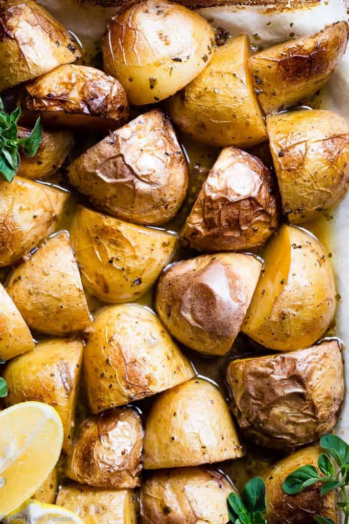 Oven Roasted Lemon Greek Potatoes - These are the BEST Oven Roasted Lemon Greek Potatoes! Tangy, zesty and so packed with flavor you will make them all the time! SO easy, whole30 complaint and vegan/ gluten free too! | #Foodfaithfitness | #Glutenfree #Vegan #Whole30 #Healthy #Dairyfree