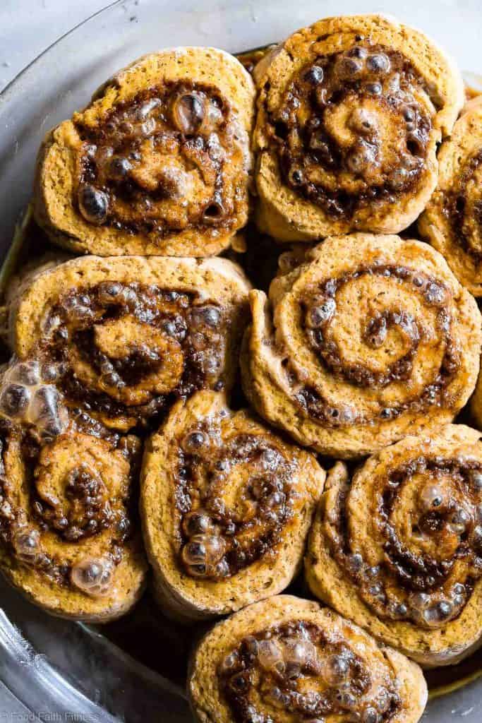 Gluten Free Vegan Pumpkin Cinnamon Rolls Recipe - These easy Pumpkin Spice dairy free Cinnamon Rolls are so soft and fluffy you won't believe they're gluten, dairy and egg free! Loaded with spicy-sweet fall flavor and SO delicious! | #Foodfaithfitness | #Glutenfree #vegan #dairyfree #eggfree #pumpkin
