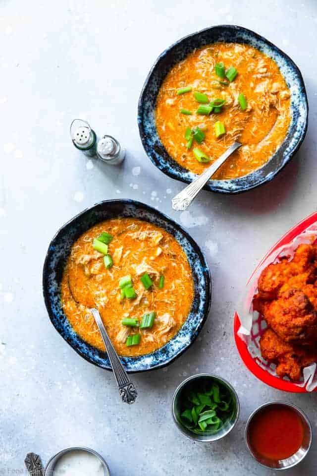 Crock Pot Low Carb Buffalo Chicken Soup - This easy, slow cooker Buffalo Chicken Soup basically makes itself! It's a gluten/grain/dairy and sugar free meal that is paleo and whole30 compliant too! Even picky eaters will love it! | #Foodfaithfitness | #Glutenfree #Paleo #Whole30 #Keto #Lowcarb