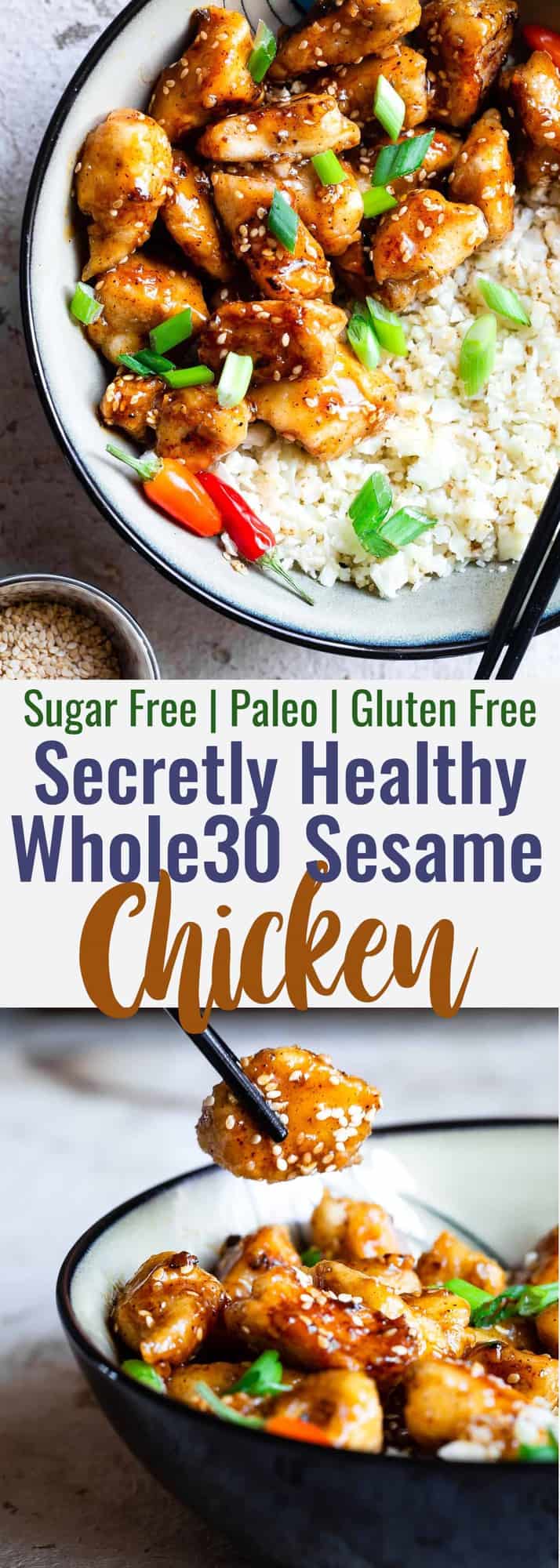 Easy Whole30 Sesame Chicken - This paleo friendly, and sugar/grain/dairy and gluten free CRISPY Sesame Chicken tastes just like takeout but is SO much better for you! A quick dinner that the whole family will love! | #Foodfaithfitness | #Glutenfree #Paleo #Whole30 #Sugarfree #Healthy