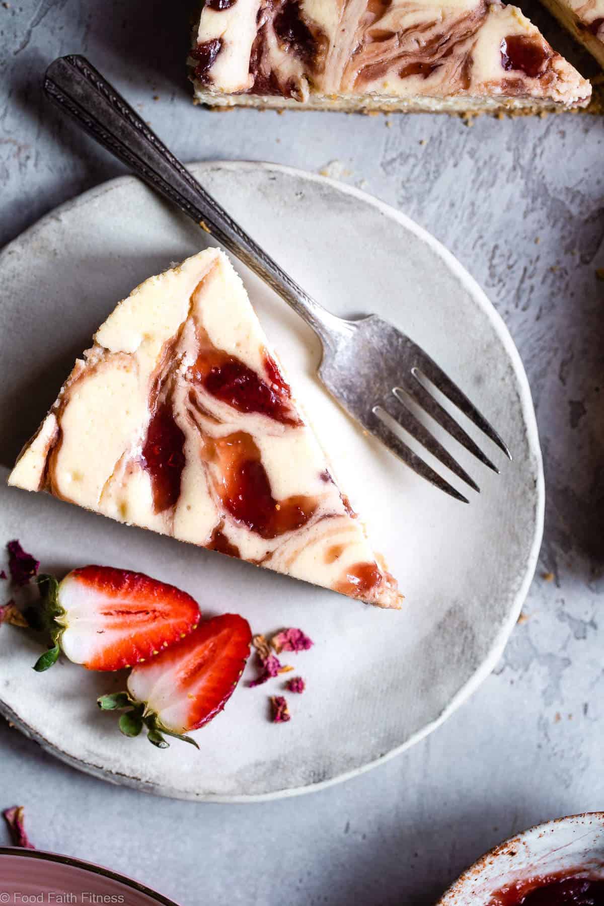 Gluten Free Strawberry Swirled Cottage Cheese Cheesecake - This Healthy Cottage Cheese Cheesecake is packed with protein and is so easy to make! Gluten free, grain free, better for you and SO creamy! | #Foodfaithfitness | #Glutenfree #Grainfree #Healthy #Cheesecake #Cottagecheese Gluten Free Strawberry Swirled Cottage Cheese Cheesecake - This Healthy Cottage Cheese Cheesecake is packed with protein and is so easy to make! Gluten free, grain free, better for you and SO creamy! | #Foodfaithfitness | #Glutenfree #Grainfree #Healthy #Cheesecake #Cottagecheese
