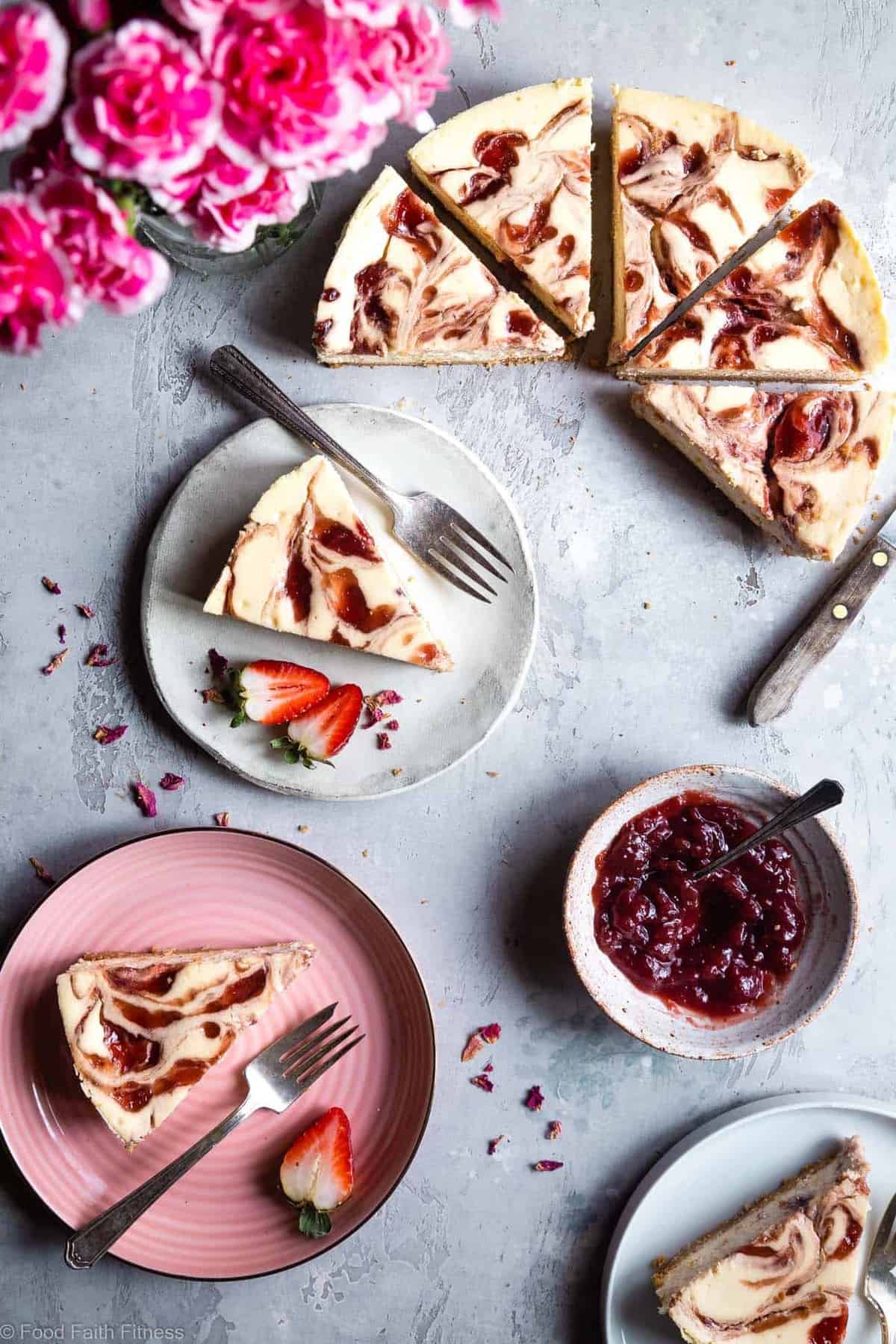 Gluten Free Strawberry Swirled Cottage Cheese Cheesecake - This Healthy Cottage Cheese Cheesecake is packed with protein and is so easy to make! Gluten free, grain free, better for you and SO creamy! | #Foodfaithfitness | #Glutenfree #Grainfree #Healthy #Cheesecake #Cottagecheese Gluten Free Strawberry Swirled Cottage Cheese Cheesecake - This Healthy Cottage Cheese Cheesecake is packed with protein and is so easy to make! Gluten free, grain free, better for you and SO creamy! | #Foodfaithfitness |