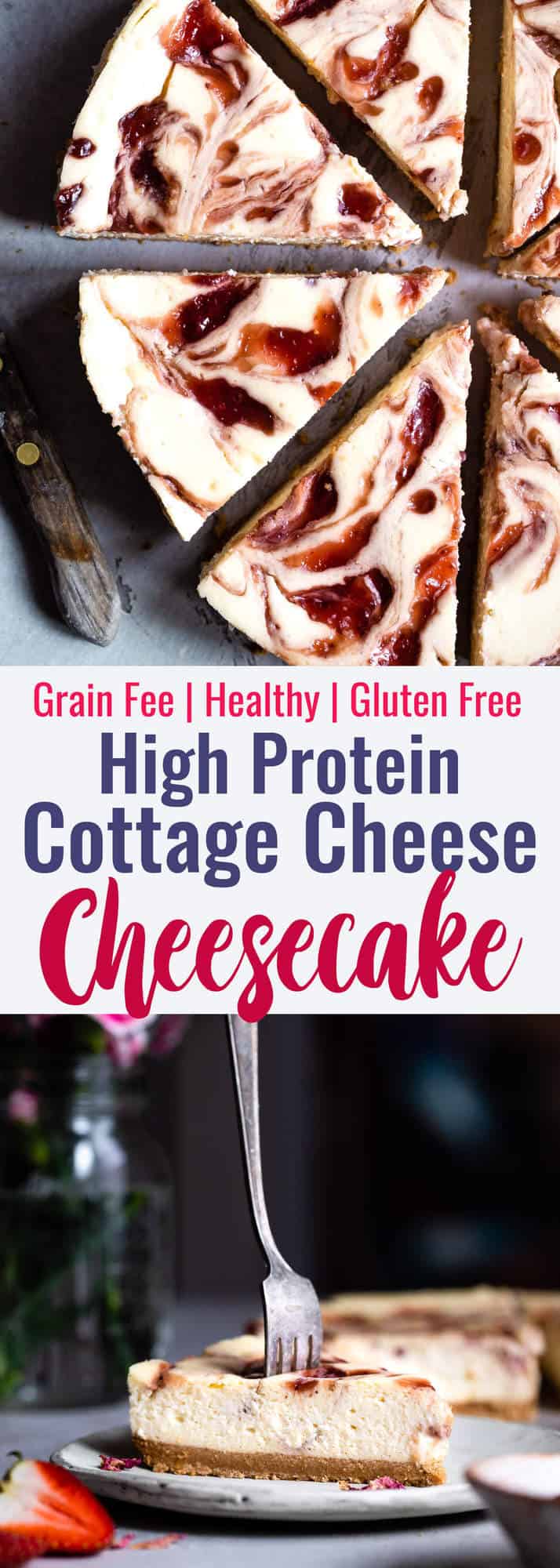 Gluten Free Strawberry Swirled Cottage Cheese Cheesecake - This Healthy Cottage Cheese Cheesecake is packed with protein and is so easy to make! Gluten free, grain free, better for you and SO creamy! | #Foodfaithfitness | #Glutenfree #Grainfree #Healthy #Cheesecake #Cottagecheese Gluten Free Strawberry Swirled Cottage Cheese Cheesecake - This Healthy Cottage Cheese Cheesecake is packed with protein and is so easy to make! Gluten free, grain free, better for you and SO creamy! | #Foodfaithfitness | #Glutenfree #Grainfree #Healthy #Cheesecake #Cottagecheese
