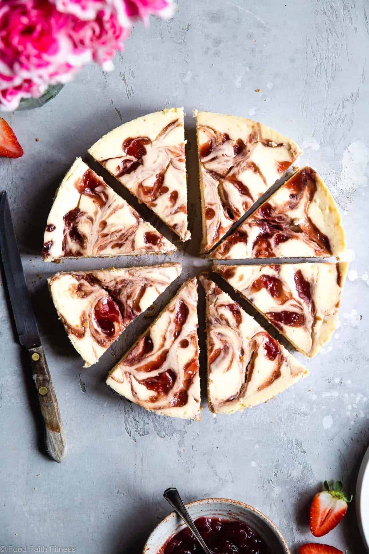 Gluten Free Strawberry Swirled Cottage Cheese Cheesecake - This Healthy Cottage Cheese Cheesecake is packed with protein and is so easy to make! Gluten free, grain free, better for you and SO creamy! | #Foodfaithfitness | 