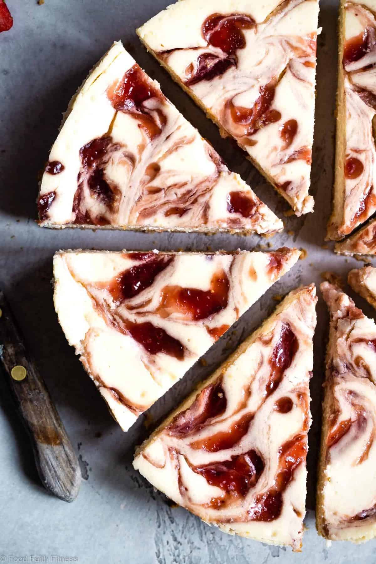 Gluten Free Strawberry Swirled Cottage Cheese Cheesecake - This Healthy Cottage Cheese Cheesecake is packed with protein and is so easy to make! Gluten free, grain free, better for you and SO creamy! | #Foodfaithfitness | #Glutenfree #Grainfree #Healthy #Cheesecake #Cottagecheese Gluten Free Strawberry Swirled Cottage Cheese Cheesecake - This Healthy Cottage Cheese Cheesecake is packed with protein and is so easy to make! Gluten free, grain free, better for you and SO creamy! | #Foodfaithfitness | #Glutenfree #Grainfree #Healthy #Cheesecake #Cottagecheese