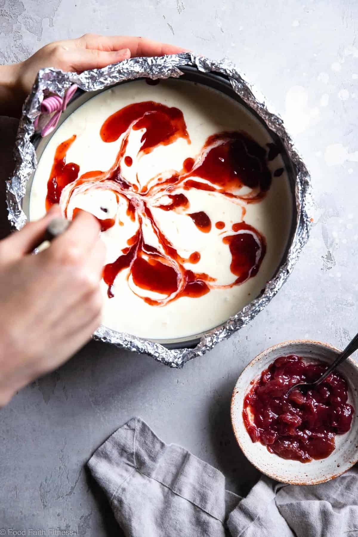 Gluten Free Strawberry Swirled Cottage Cheese Cheesecake - This Healthy Cottage Cheese Cheesecake is packed with protein and is so easy to make! Gluten free, grain free, better for you and SO creamy! | #Foodfaithfitness | #Glutenfree #Grainfree #Healthy #Cheesecake #Cottagecheese Gluten Free Strawberry Swirled Cottage Cheese Cheesecake - This Healthy Cottage Cheese Cheesecake is packed with protein and is so easy to make! Gluten free, grain free, better for you and SO creamy! | #Foodfaithfitness |