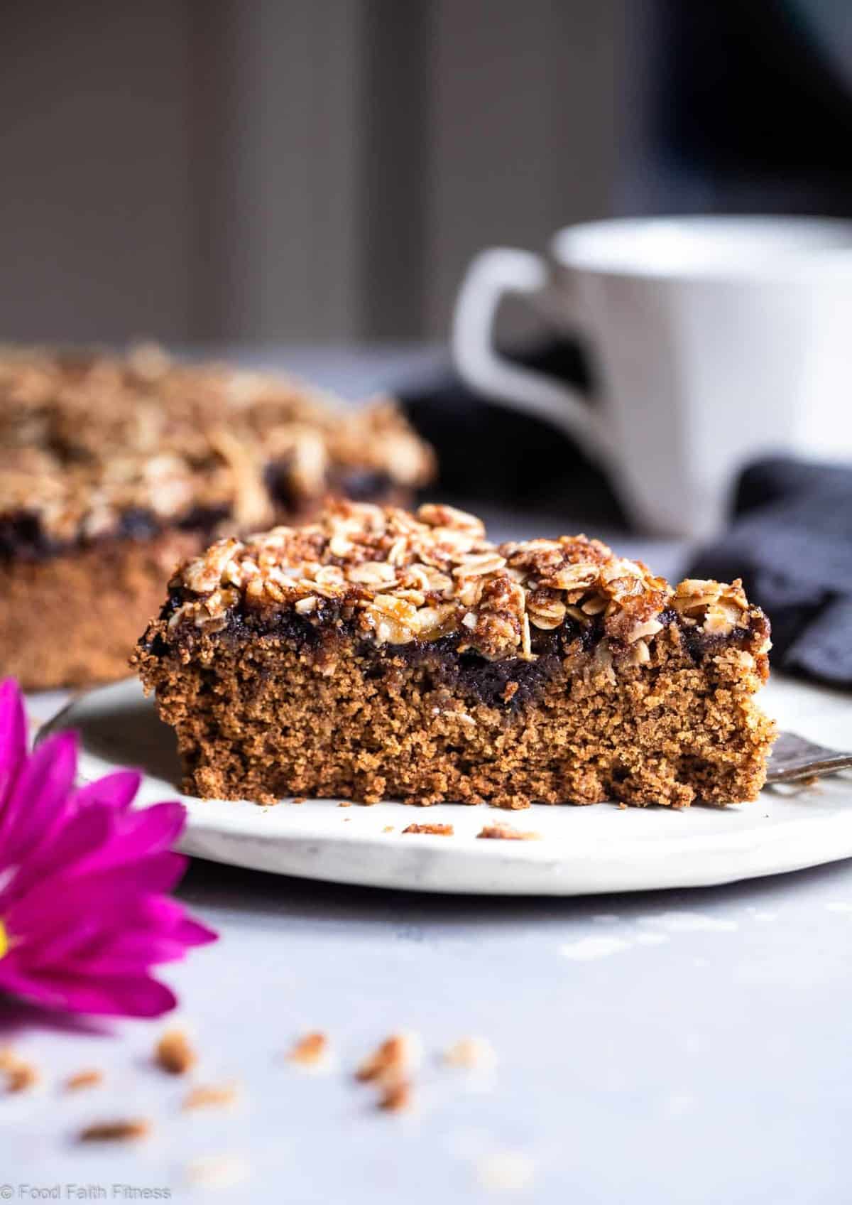 Gluten Free Vegan Coffee Cake - This tender, moist Gluten Free Coffee Cake has a tasty blackberry swirl and is loaded with a crunchy, crispy crumble topping! It's sure to be a hit and does not taste healthy! | #Foodfaithfitness | #Glutenfree #Vegan #dairyfree #eggfree #healthy Gluten Free Vegan Coffee Cake - This tender, moist Gluten Free Coffee Cake has a tasty blackberry swirl and is loaded with a crunchy, crispy crumble topping! It's sure to be a hit and does not taste healthy! | #Foodfaithfitness | #Glutenfree #Vegan #dairyfree #eggfree #healthy