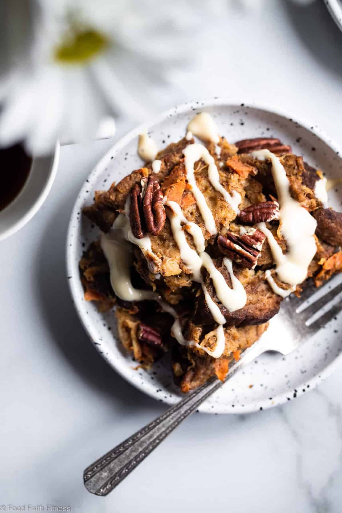 Carrot Cake Instant Pot French Toast Casserole - This dairy and gluten free Instant Pot French Toast Casserole tastes like waking up to carrot cake for breakfast! It's an easy, quick breakfast for any weekend! | #Foodfaithfitness | #Glutenfree #Healthy #Dairyfree #Easter #InstantPot