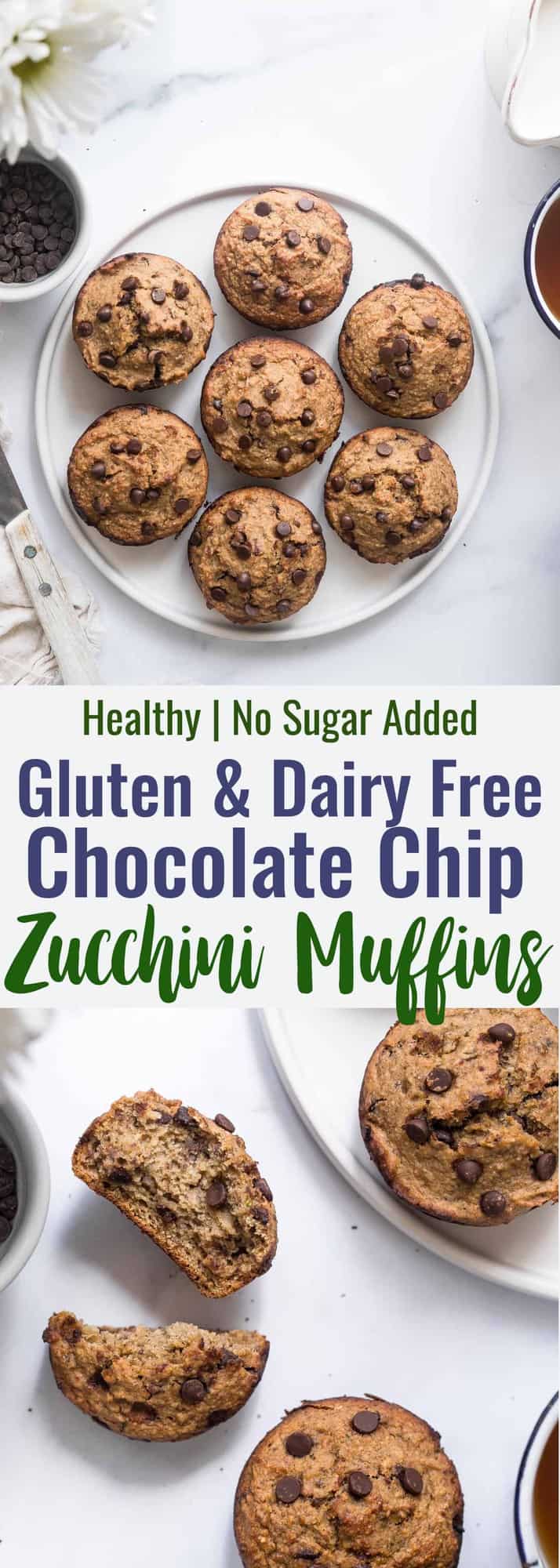 Healthy zucchini muffins without gluten - these zucchini muffins without milk are fluffy and gluten, dairy products, oil and sugar! Sweet data, dotted chocolate chips and only 170 calories! Great for children and adults! | #Foodfaithfitness | #Glutenfree #dairfree #healthy #zucchini #sugarfree