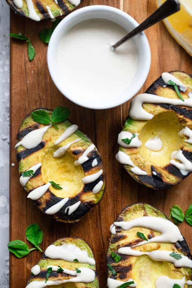 Grilled Avocados With Feta-Tahini Sauce