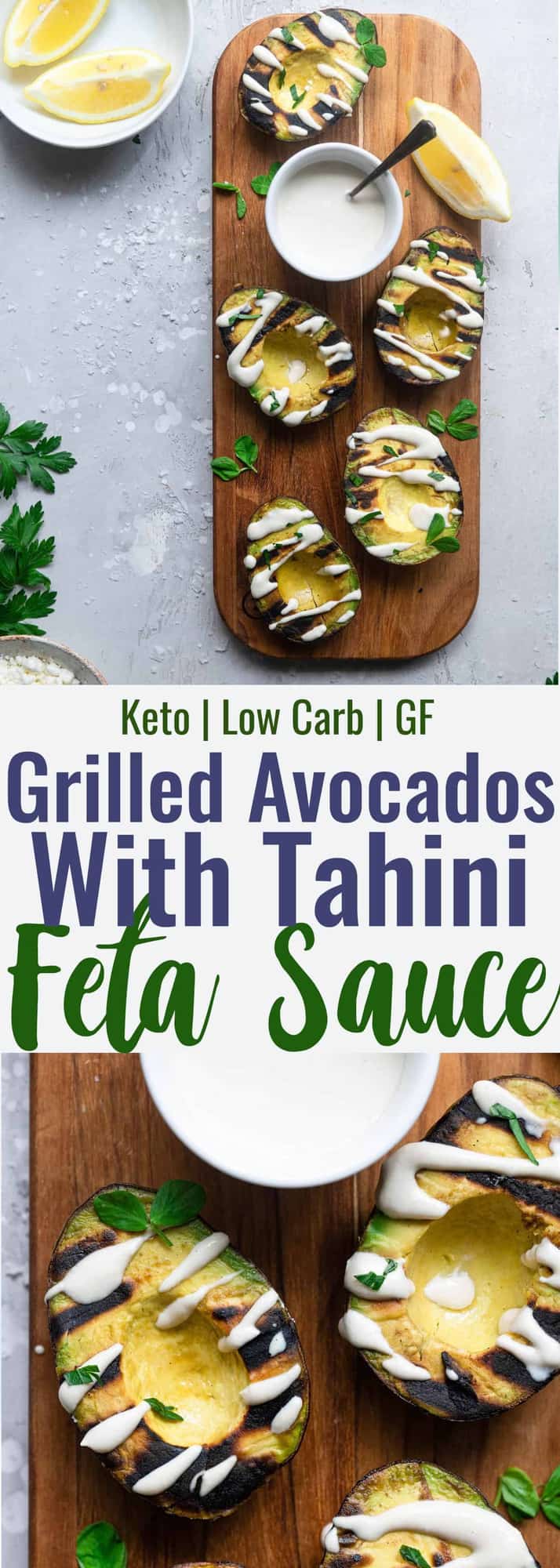 Grilled Avocado with Feta Tahini Sauce - These smoky and creamy grilled avocados are drizzled with a sweet and tangy feta and tahini sauce for an easy summer dinner that's healthy , keto, low carb and delicious! | #Foodfaithfitness | #Glutenfree #healthy #lowcarb #keto #grilling