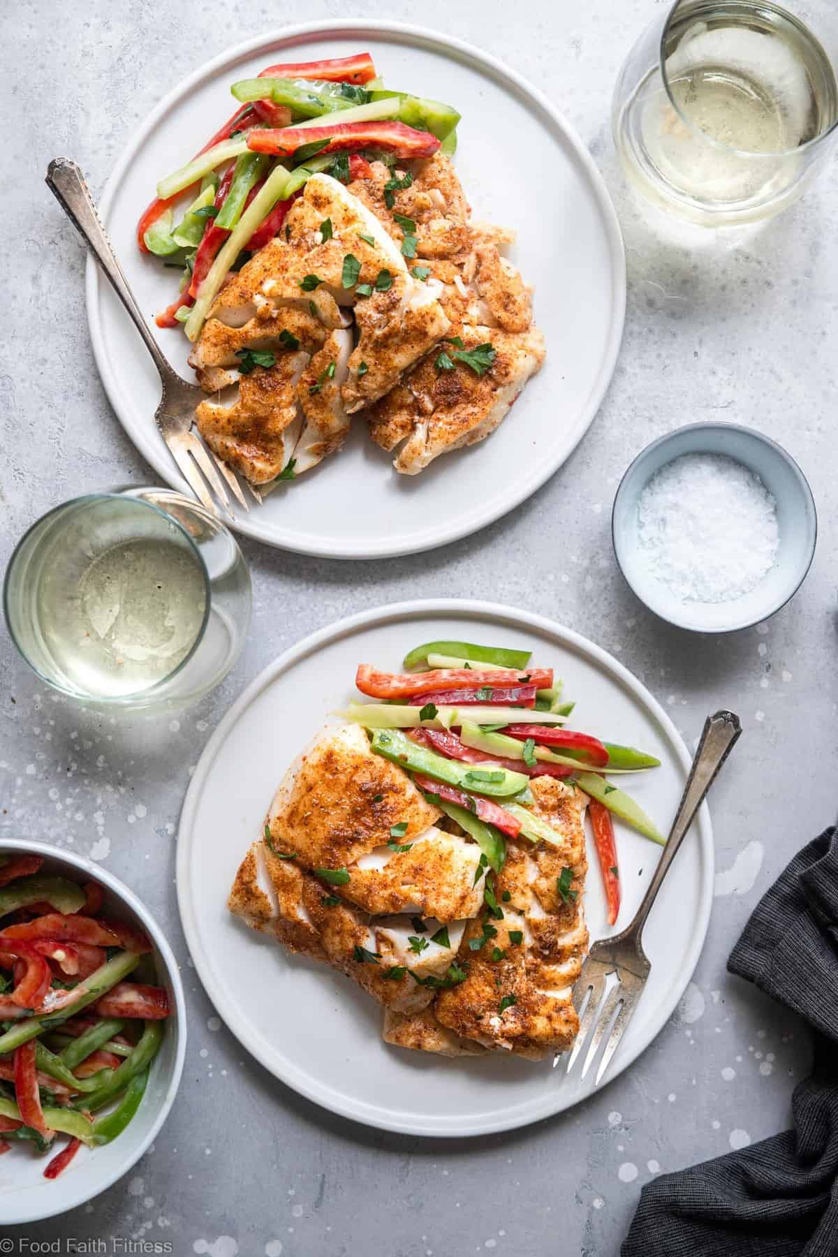 Keto Cajun Grilled Cod - An easy, healthy weeknight meal that is naturally whole30, keto and paleo friendly and low carb! Tasty, nourishing and even picky eaters will love it! | #Foodfaithfitness | #healthy #Keto #Lowcarb #Paleo #Whole30 Grilled cod on two plates