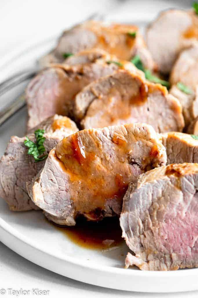 Instant Pot Pork Tenderloin on a plate with sauce