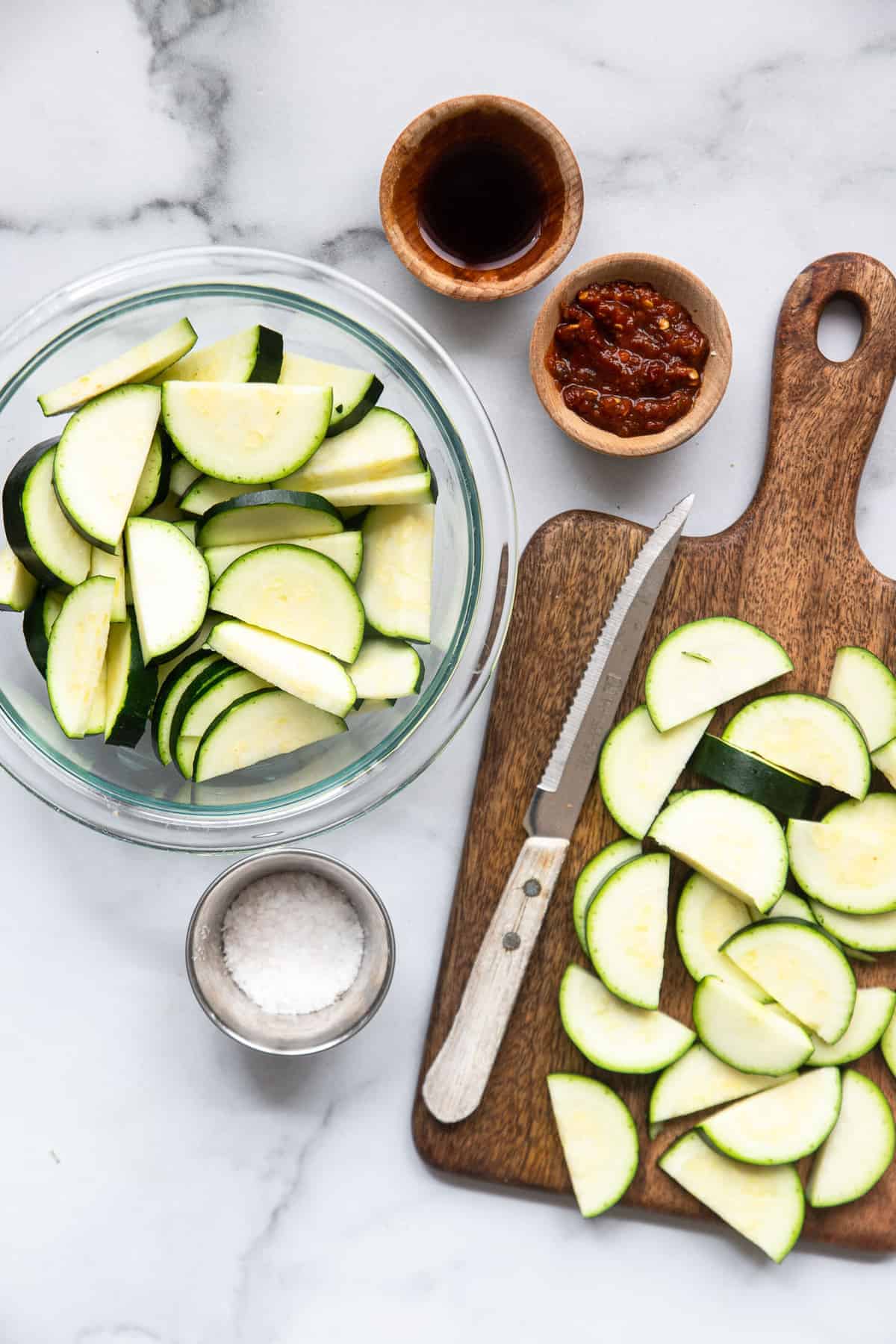 ingredients for Zucchini Stir Fry on a cutting board