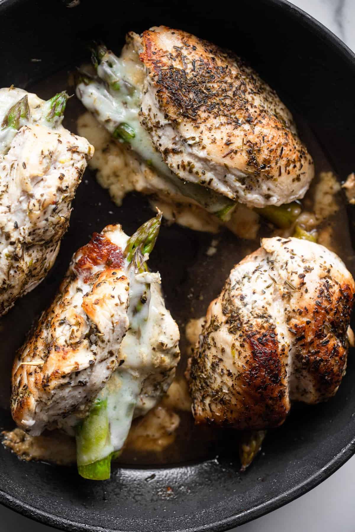 Asparagus stuffed chicken after being cooked