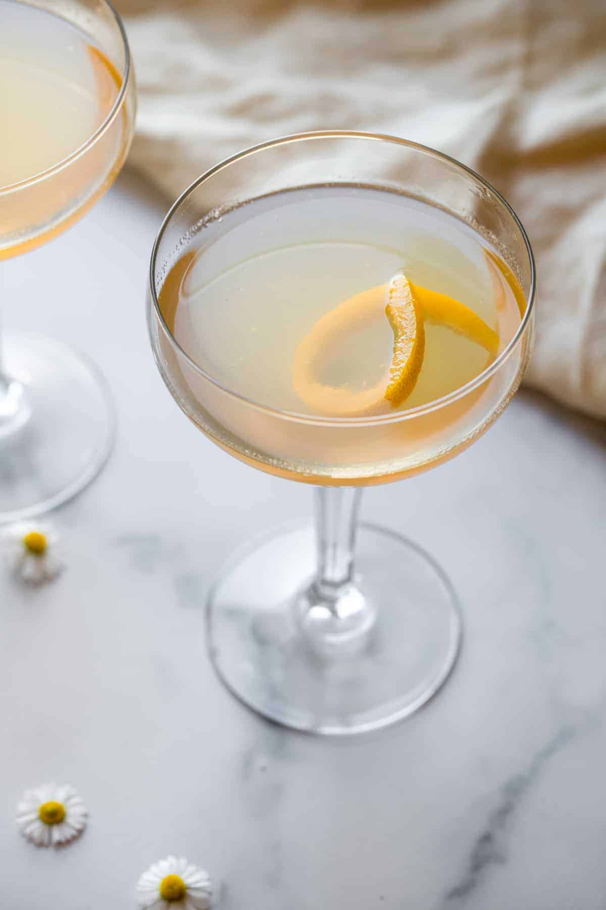 top view of bees knees cocktail in a cocktail glass
