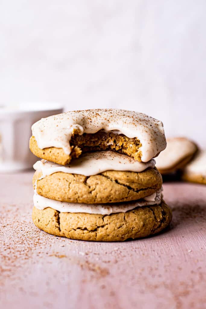 Stack 3 pumpkin confectionery with bourbon cinnamon icing on the table