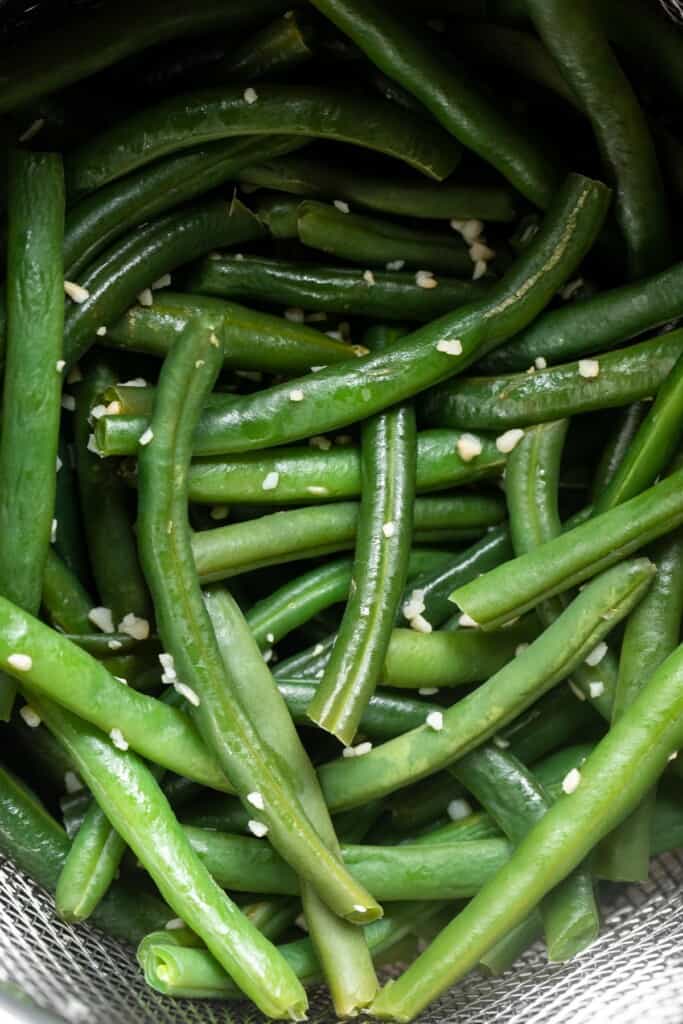close up view of seasoned Instant Pot Green Beans