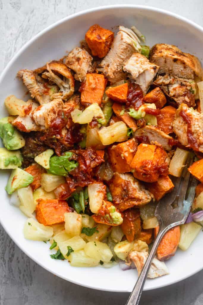 close up view of one Chipotle Chicken Bowls with Pineapple Salsa
