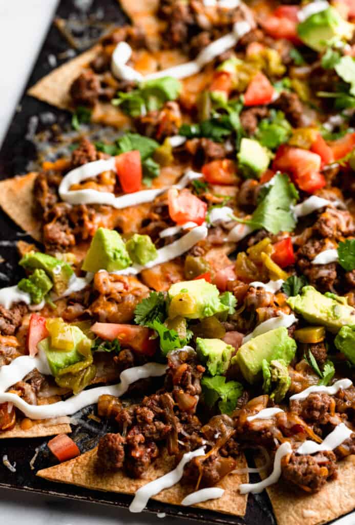 Healthy Nachos on a baking sheet