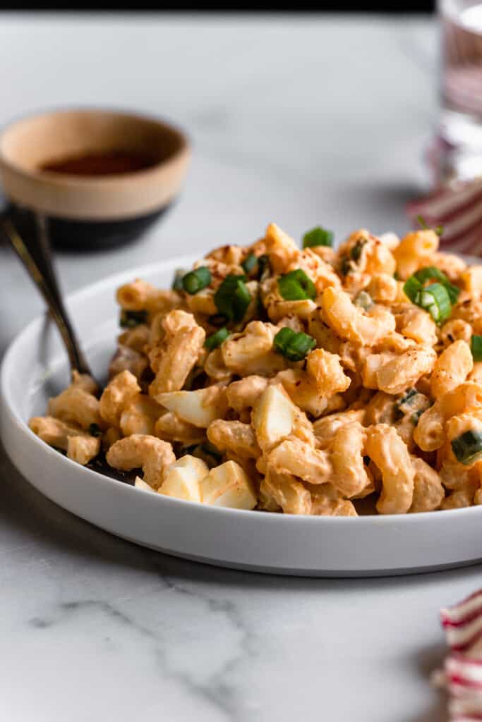 Devilled Egg Pasta Salad in a large serving plate