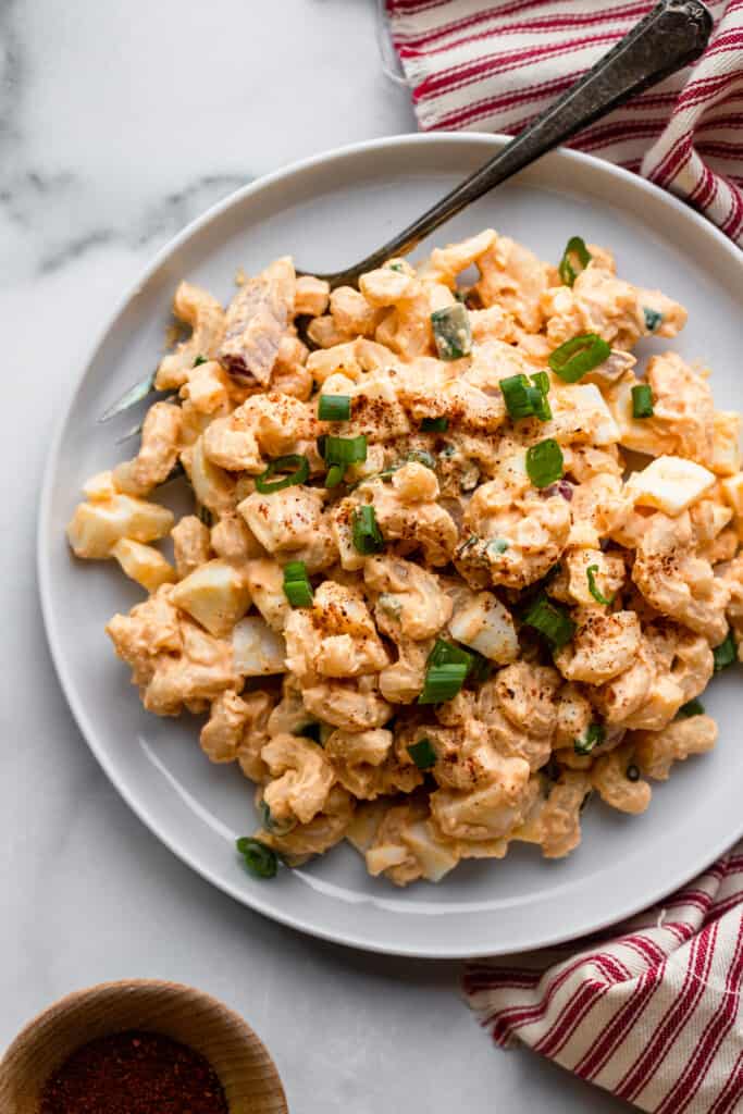 Devilled Egg Pasta Salad with a fork