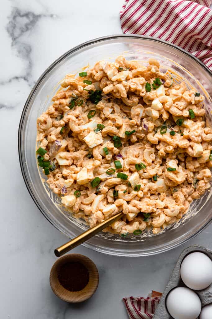 Devilled Egg Pasta Salad in a large mixing bowl