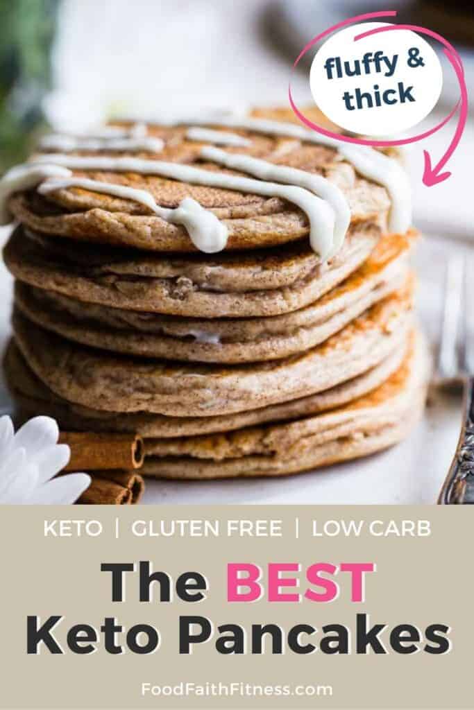 Cinnamon Roll Keto Protein Pancakes - This EASY, low carb, gluten free protein pancakes recipe is going to be your new favorite breakfast! Great for kids and adults and packed with 23g of protein! Who doesn't want to wake up to healthy cinnamon rolls?! | #Foodfaithfitness | #Keto #Lowcarb #Glutenfree #Healthy #Pancakes