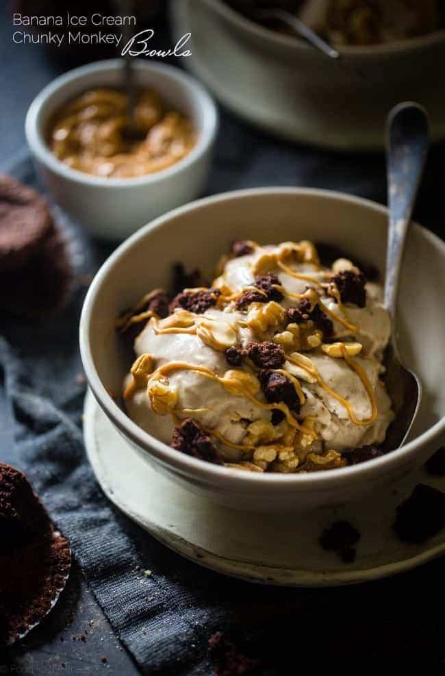 Gluten Free Chunky Monkey Banana Ice Cream Bowls - These 5-minute bowls are made of peanut butter banana ice cream and topped with brownies and nuts. They're a healthier treat with only 5 ingredients! | Foodfaithfitness.com | @FoodFaithFit