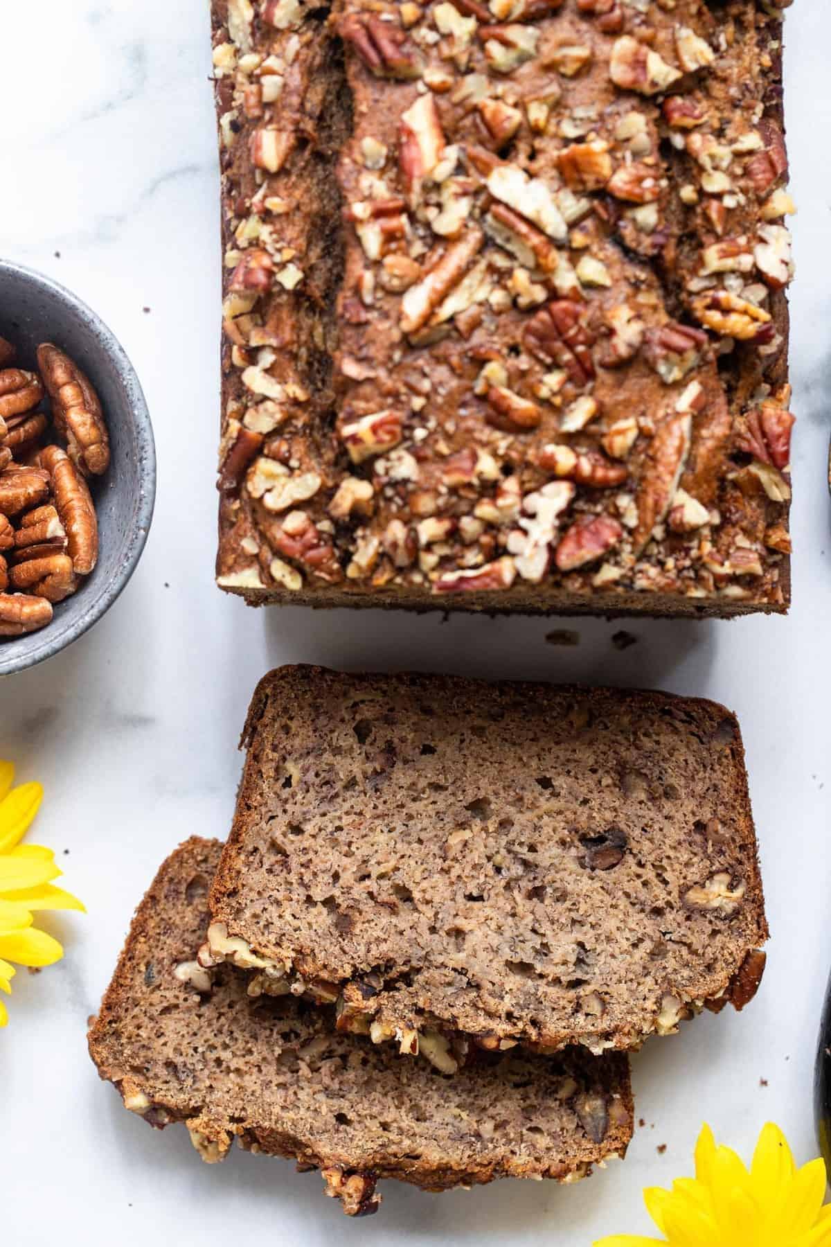 Close up of the top of a no sugar added banana bread sliced