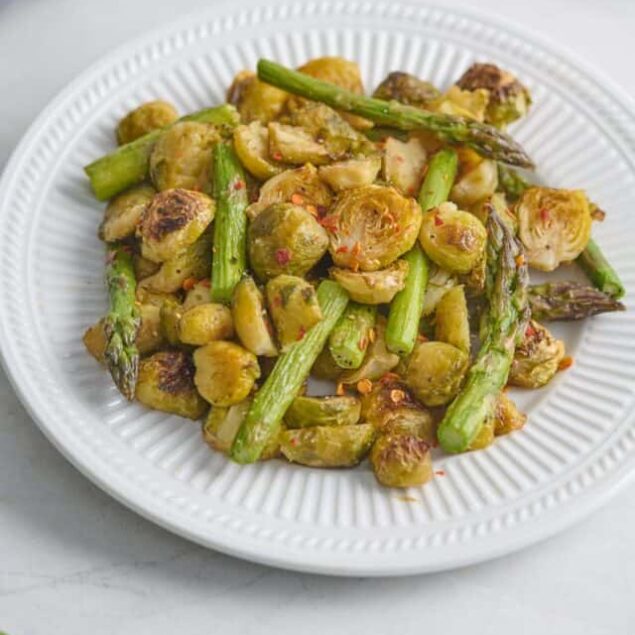 Roasted Brussels Sprouts and Asparagus