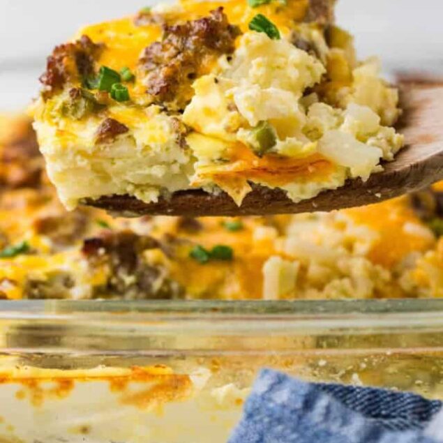 Savory breakfast casserole with eggs, cheese, and sausage, easy make-ahead breakfast recipe, healthy brunch ideas, high-protein breakfast options.