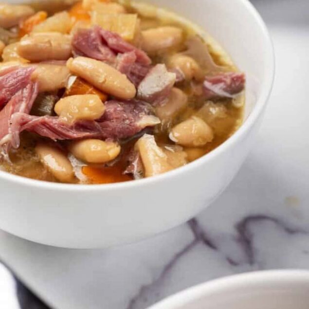 Slow cooker bean and ham soup, hearty healthy comfort food, easy recipe for weight loss, high-fiber protein soup, Food Faith Fitness.