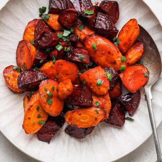Roasted sweet potatoes and beets with fresh chopped herbs, healthy vegetarian side dish, colorful and nutritious Food Faith Fitness recipe.